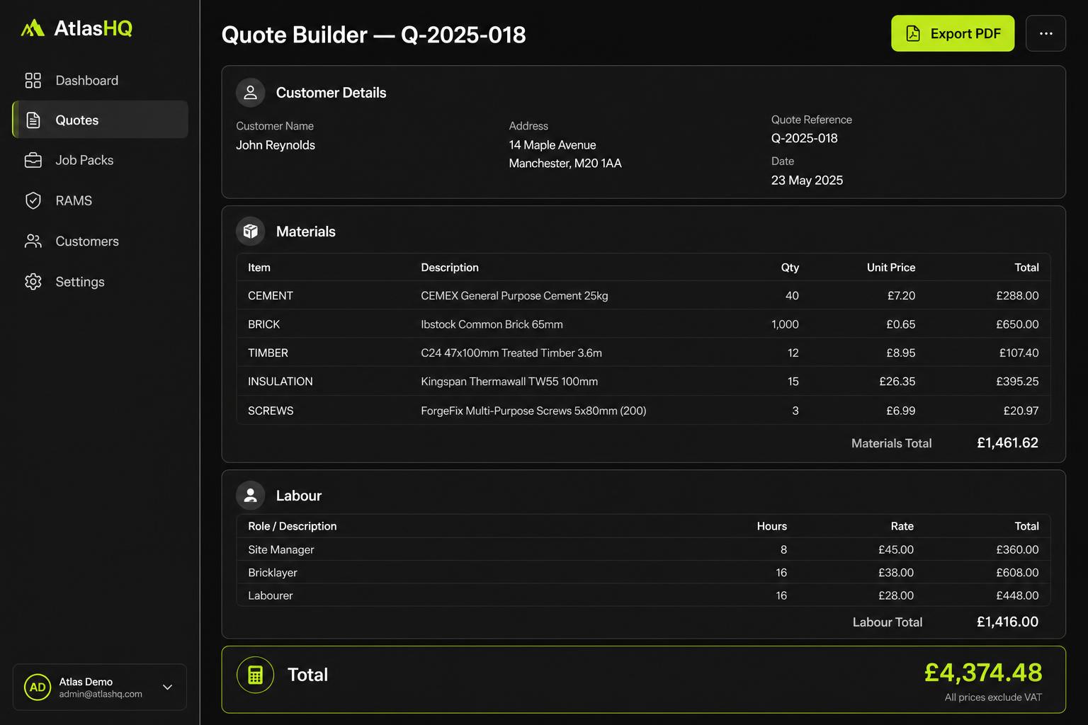 AtlasHQ Quote Builder dashboard showing customer details, materials, labour and total